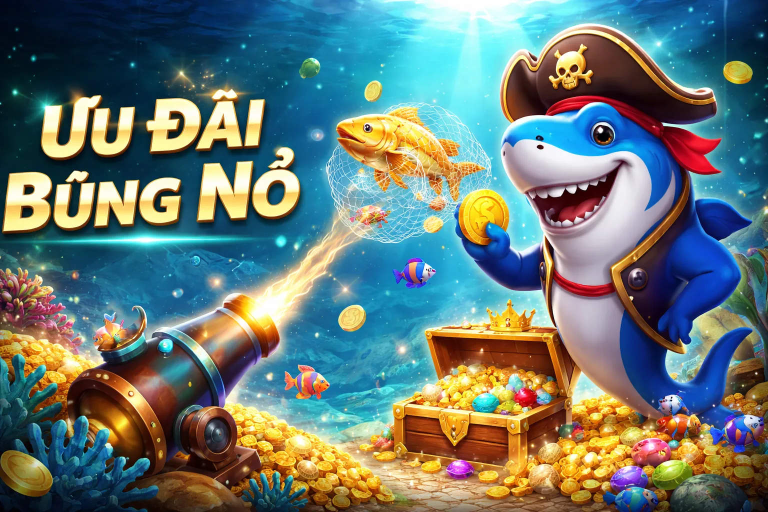 Hình ảnh đại dương sống động với logo 123win và các loài cá đầy màu sắc